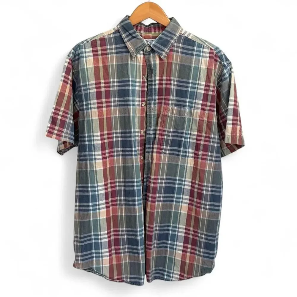 Vintage 90s Cherokee Plaid Indie Striped Mens L Button Up Short Sleeve Shirt